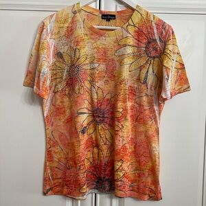 Aces Design Women's Sz Large Yellow and Orange Floral Top with Rhinestones